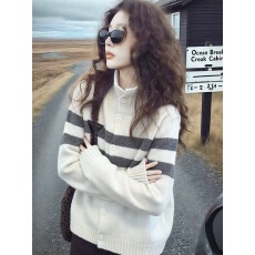 批发韩系撞色条纹高领羊绒针织开衫女<b class='q'>欧洲站</b>2025冬<b class='q'>新款</b>欧货女装打底衫