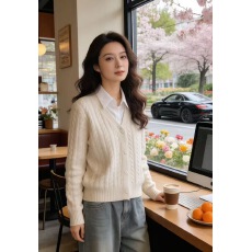 批发2026春款衬衫<b class='q'>假两件</b>复古麻花翻领针织开衫女外搭短款毛衣上衣