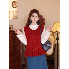 批发十三行韩版半高领打底衫荷叶边波点针织马甲叠穿秋冬季两件套上衣