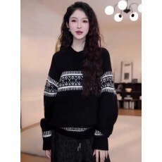 批发巨好看的韩系慵懒风费尔岛圆领撞色毛衣冬季宽松显瘦长袖针织上衣