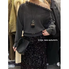 批发2025秋装<b class='q'>新款</b>纯欲毛球边一字肩针织衫<b class='q'>女</b>宽松显瘦百搭针织上衣