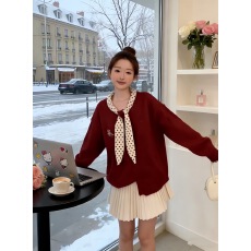 批发韩系气质复古红色波点领巾毛衣套装女2026冬季设计感