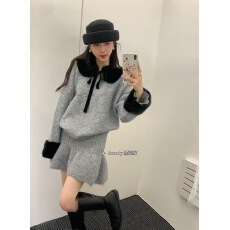批发韩系小香风撞色针织毛衣短裙套装女秋冬新款韩系套装