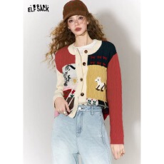 批发毛衣外套秋季新品童趣撞色拼块毛织绞花圆领长袖短针织开衫女