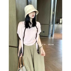 批发欧洲站<b class='q'>针织</b>衫女早春新款冰丝短袖披肩撞色两件套宽松百搭显瘦上衣
