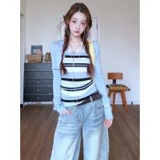 批发早春设计休闲套装长袖罩衫内搭条纹针织吊带两件套<b class='q'>女</b>