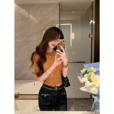 批发韩系绑带圆领针织衫女夏季纯欲修身高级感温柔风气质绝美短袖上衣