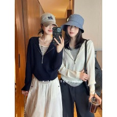 批发KISS SISTER十三行春季新款韩系软糯撞色<b class='q'>假两件</b>连帽长袖<b class='q'>针织衫</b>女