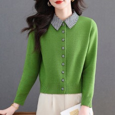 批发2026春季薄款长袖撞色拼接<b class='q'>针织</b><b class='q'>开衫</b>遮肉POLO领上衣