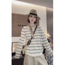 批发撞色条纹薄款冰丝T恤女圆领<b class='q'>长袖</b>慵懒风防晒罩衫2026新款春夏上衣