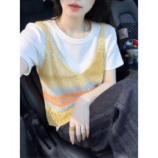 批发2026夏款学院风多巴胺彩色条纹针织背心女夏圆领叠穿百搭短袖套装