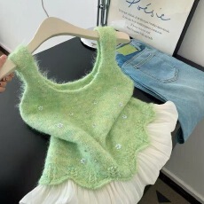 批发2026新款春秋季绿色荷叶边马甲针织背心2026新款亮片短款<b class='q'>无袖</b>上衣