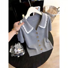 批发2026夏季新款爆款洋气藏蓝色蕾丝花边针织衫高级感<b class='q'>短袖</b>上衣<b class='q'>衬衫</b>女