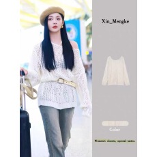 批发<b class='q'>明星</b><b class='q'>同款</b>镂空薄款针织衫斜领长袖宽松修身秋季新款女装上衣