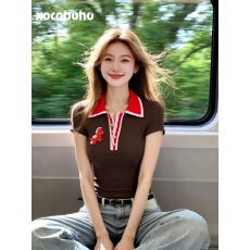 批发2026夏季独特超好看单穿<b class='q'>上衣</b>小众不撞款Polo领咖色短袖t恤<b class='q'>打底</b>衫