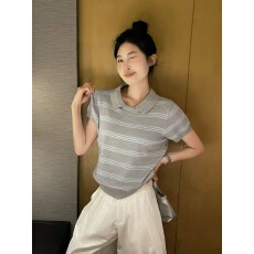 批发2026夏季新款平行线羊毛复古学院风短袖条纹针织衫