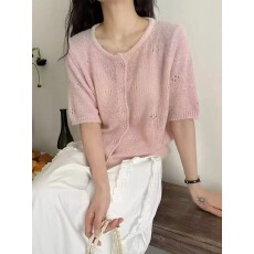 批发春夏新款蕾丝贴边<b class='q'>圆领</b>短袖针织开衫女宽松设计感小众上衣