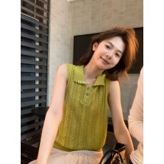 批发HERS 夏季薄款翻领坎肩背心上衣复古polo领麻花无袖针织衫女