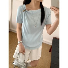 批发一字领吊珠冰曲短袖<b class='q'>t</b><b class='q'>恤</b>女2026年夏季新款别致修身褶皱收腰上衣