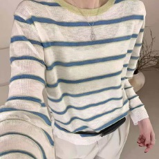 批发撞色圆领条纹针织长袖<b class='q'>t</b><b class='q'>恤</b>女季新款时尚宽松休闲百搭上衣