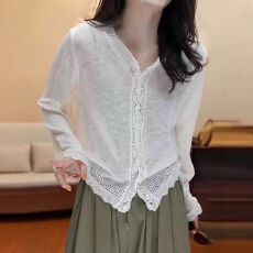 批发韩系时尚减龄纯色<b class='q'>针织</b><b class='q'>开衫</b><b class='q'>女</b>2026夏季新款洋气设计感镂空拼接上衣