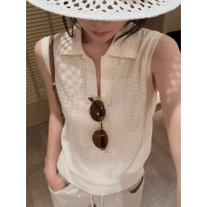 批发法式复古Polo领镂空冰丝针织<b class='q'>背心女</b>夏季轻薄透气显瘦百搭无袖上衣
