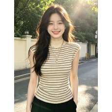 半高领条纹短袖针织衫女夏新款气质修身显瘦短款 冰爽丝