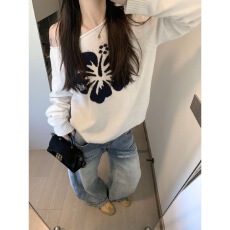 批发美式辣妹斜肩针织衫女早<b class='q'>秋</b>季花卉刺绣露肩毛衣宽松显瘦慵懒风上衣