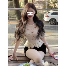 批发高级感刺绣圆领短袖<b class='q'>针织</b>衫女春夏季2026新款洋气收腰紧身套头<b class='q'>上衣</b>