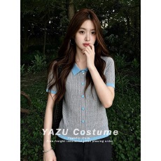 批发复古慵懒松弛感拼接撞色翻领短袖针织<b class='q'>t</b><b class='q'>恤</b>夏季新款显瘦百搭上衣女