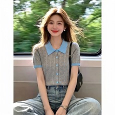 批发2026复古polo领撞色针织衫短袖<b class='q'>t</b><b class='q'>恤</b>女夏季韩系修身显瘦设计感小众