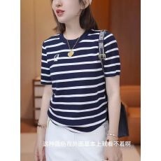 批发时尚字母条纹针织小衫休闲洋气大气圆领短袖<b class='q'>T</b><b class='q'>恤</b>女士高级感内搭潮