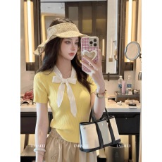 批发甜美名媛风黄色蝴蝶结飘带针织衫女夏季翻领系带修身显瘦<b class='q'>短</b>袖上衣