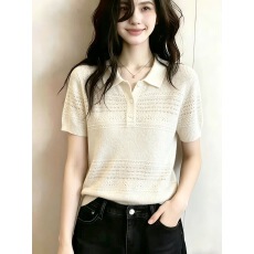 批发翻领短袖针织衫T恤女薄透气<b class='q'>时尚</b>显瘦百搭通勤气质设计感<b class='q'>休闲</b>上衣