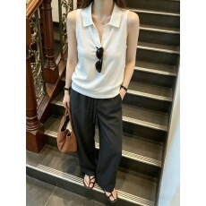 批发老钱风气质Polo领无袖针织背心女夏季外穿休闲风亚麻<b class='q'>镂空</b>翻领上衣
