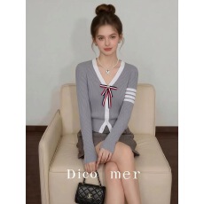 批发新款冬装V领蝴蝶结针织<b class='q'>开衫</b>毛衣<b class='q'>女</b>长袖