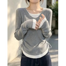批发官图韩系撞色抽绳假两件u领针织衫<b class='q'>长袖</b>女2026早秋内搭收腰上衣