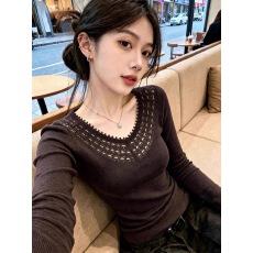 批发档口上新 2026年新款女装修身V领蕾丝拼接长袖针织衫毛衣上衣