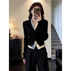 拼接假两件针织开衫女早春ootd穿搭韩系chic独特别致开春气质上衣