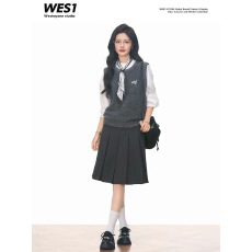 批发韩系新品WESTAYONE针织马甲+长袖衬衫+百褶中裙韩系学院风三件套