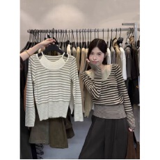 批发绵羊毛拉架韩系黑白条纹<b class='q'>蕾丝</b>拼接吊带假两件长袖T恤女<b class='q'>打底衫</b>上衣