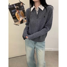 批发米白色翻领假两件针织衫女春季2026新款<b class='q'>通勤</b>时尚麻花毛衣