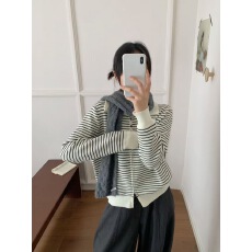 批发韩系翻领撞色条纹<b class='q'>毛衣</b>开衫女秋季新款双拉链设计百搭针织外套上衣