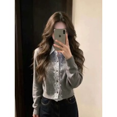 批发韩版蕾丝花边拼接polo领上衣女秋季洋气减龄学院风假两件针织<b class='q'>开衫</b>
