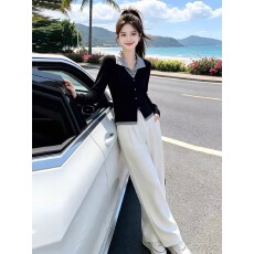 假两件撞色针织衫女秋冬季新款设计感气质修身显瘦打底衫外搭上衣