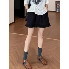 批发大码女装设计感木耳边松紧腰黑色<b class='q'>短裙</b>夏季带安全裤遮胯显瘦<b class='q'>半身</b>裙