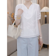 批发大码高级感V领刺绣<b class='q'>短袖</b><b class='q'>衬衫女</b>2025夏季胖MM显瘦时尚宽松衬衣上衣