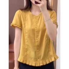 批发法式气质下摆花边<b class='q'>短袖</b><b class='q'>衬衫女</b>2025夏季大码胖MM宽松显瘦娃娃衫上衣