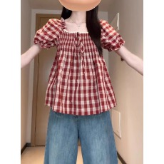 批发大码法式复古方领甜美格子<b class='q'>短袖</b><b class='q'>衬衫女</b>夏季胖mm显瘦荷叶边减龄上衣