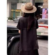 批发大码女装黑色醋酸圆领正肩短袖t恤夏季新款胖mm宽松显瘦气质上衣